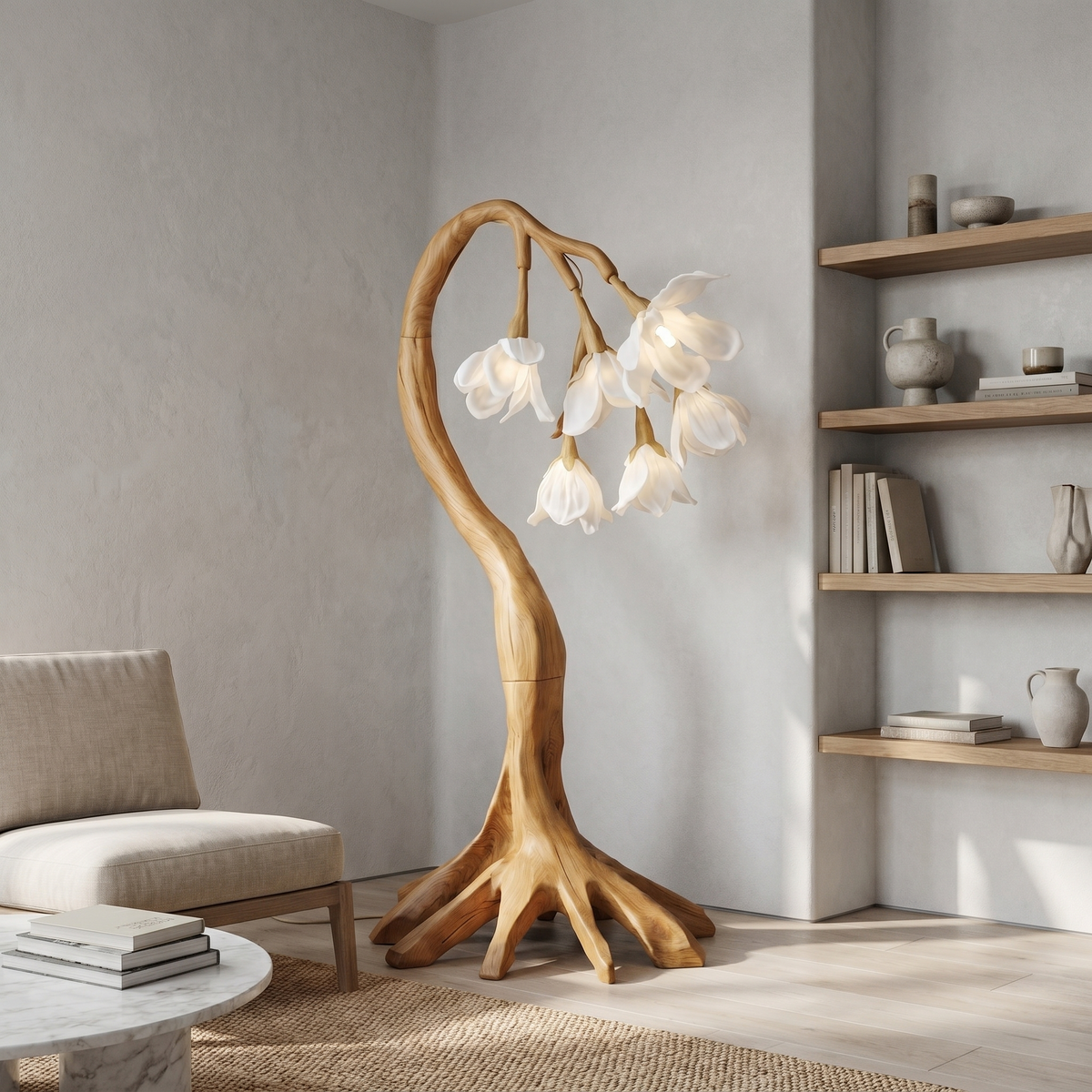 Flower Petal Floor Lamp, Sculptural Solid Wood Base Botanical Lighting