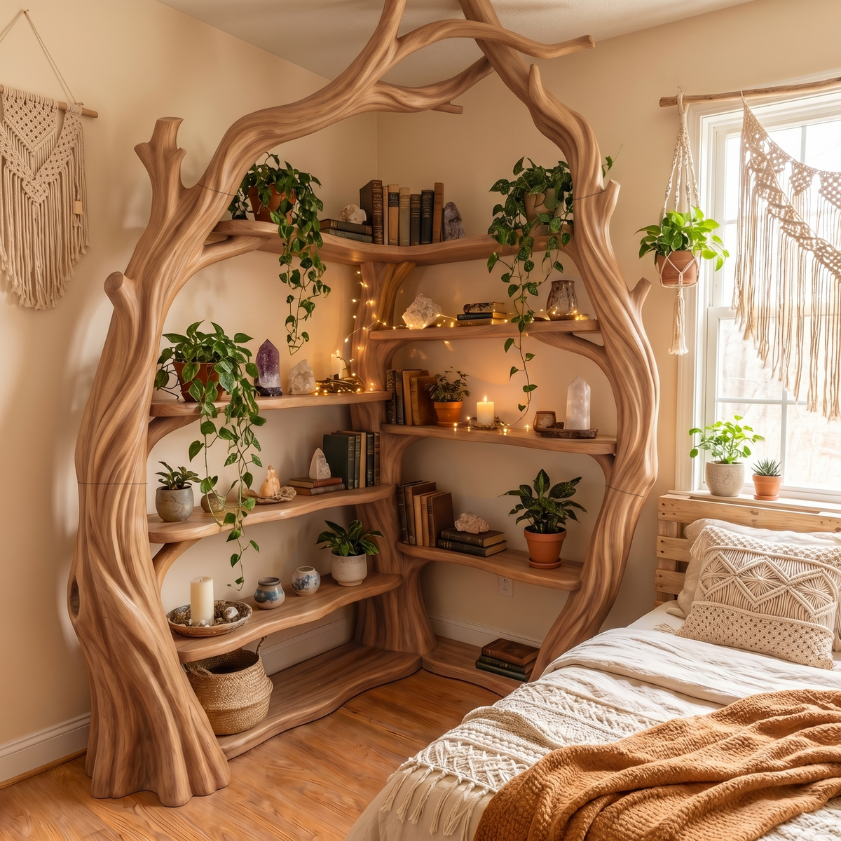 Corner Tree Bookshelf, Tall Wooden Branch Bookcase for Living Room