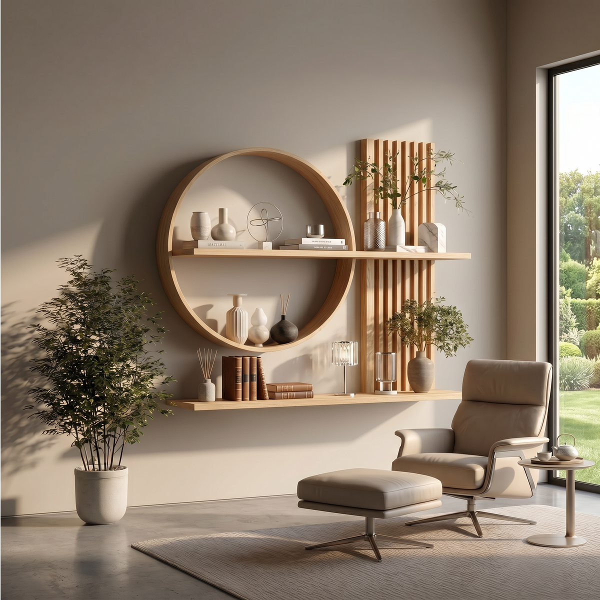 Japandi Wall Shelf, Round Slatted Solid Wood Floating Display Shelf