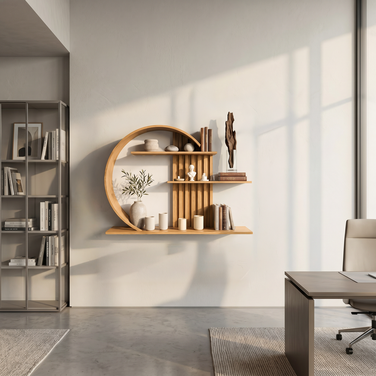 Modern Zen Wall Shelf Circular Slatted Wood Wall Decor