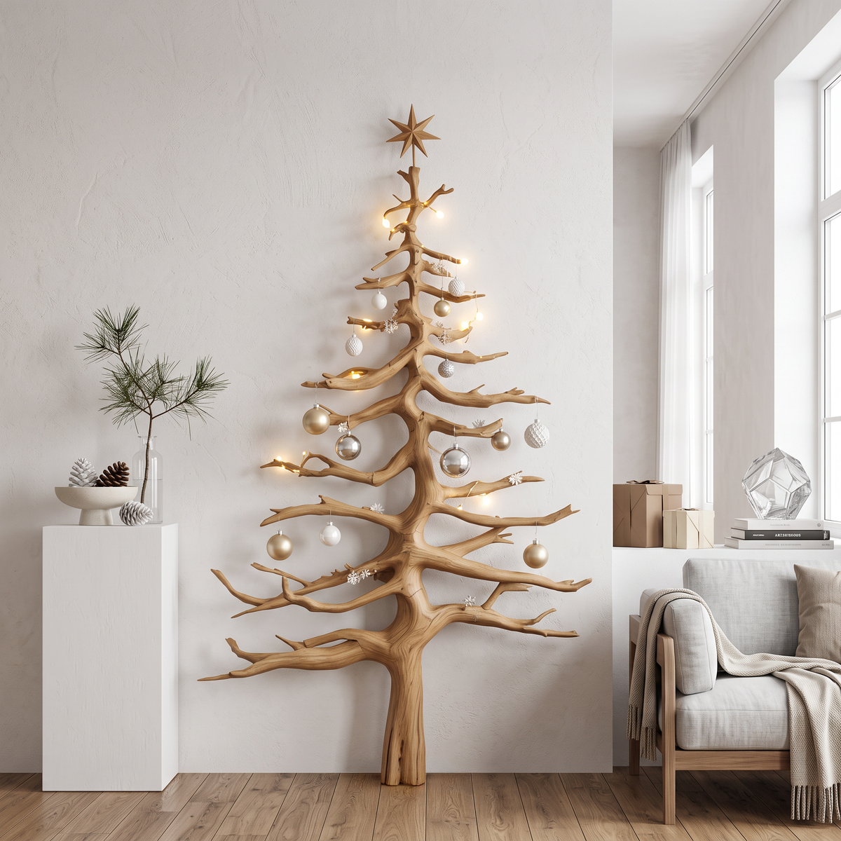 Christmas Tree Wall Decor, Rustic Solid Wood Tree Shelf