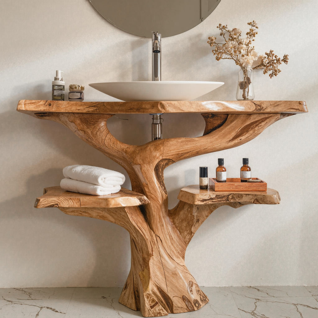 Floating Bathroom Vanity, Handcrafted Live Edge Wood Countertop