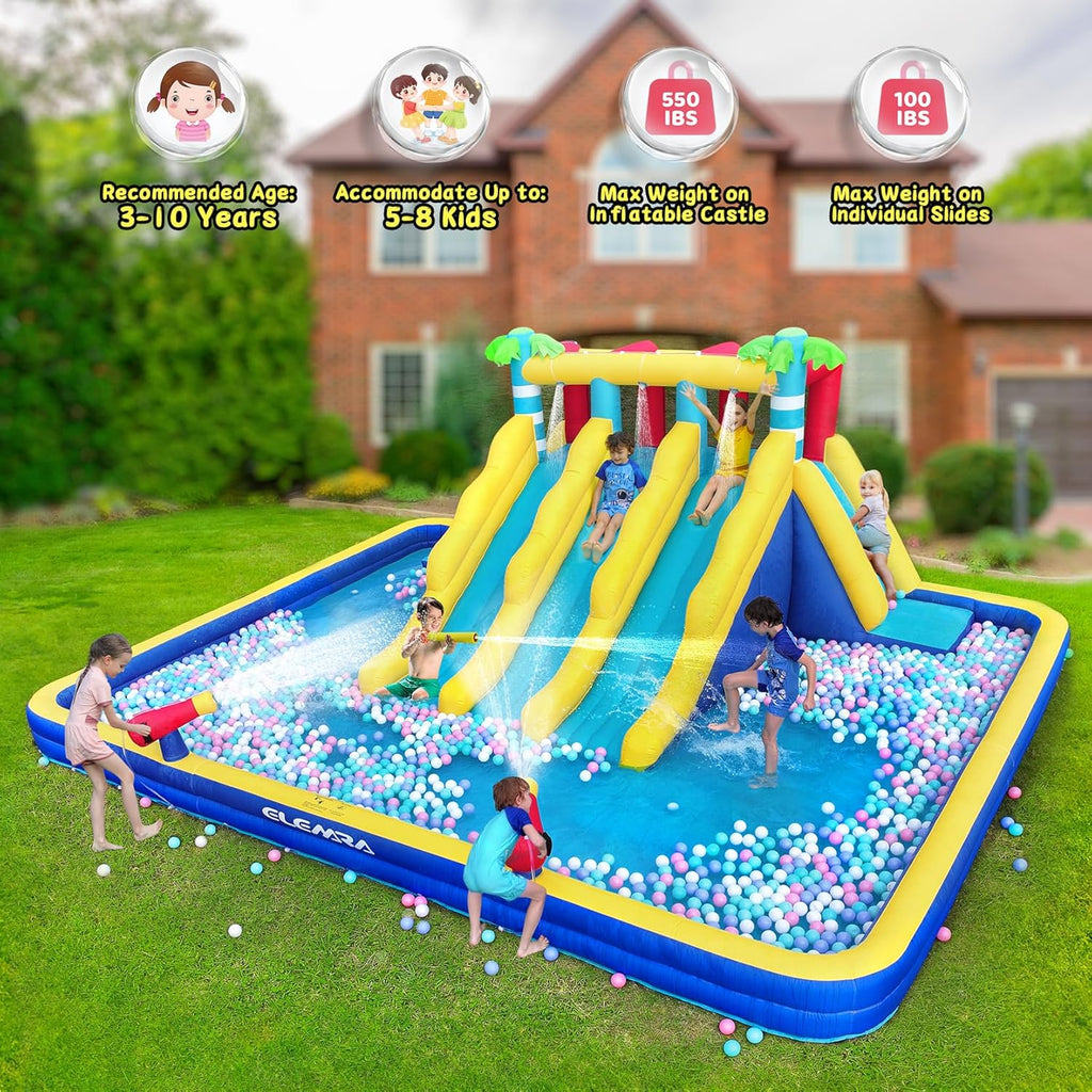 ELEMARA Inflatable Water Slide Water Park, 20.66x16.4FT, 3 Slides, 750W Air Blower, Blue