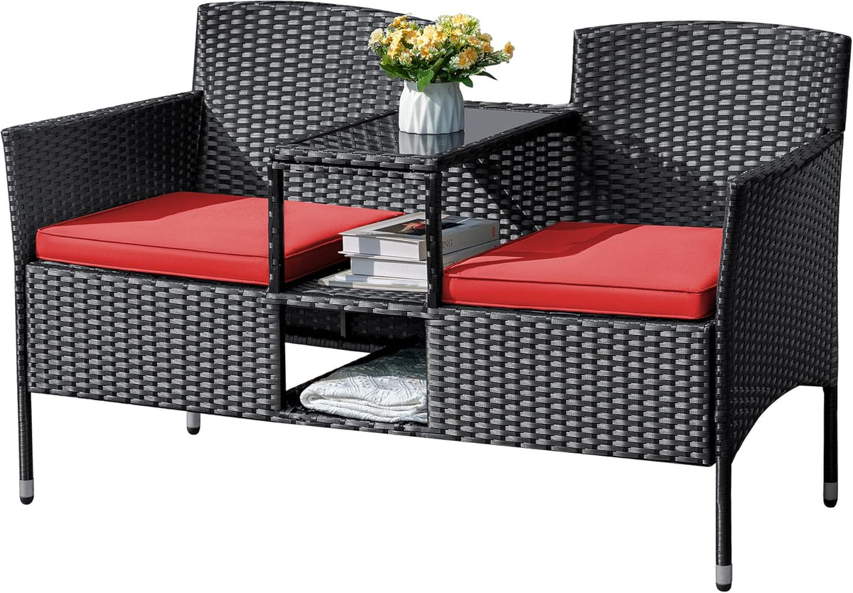 Flamaker Outdoor Wicker Patio Loveseat With Built-In Table And Cushions, Beige - 49.2 x 21.3 x 30.9 in