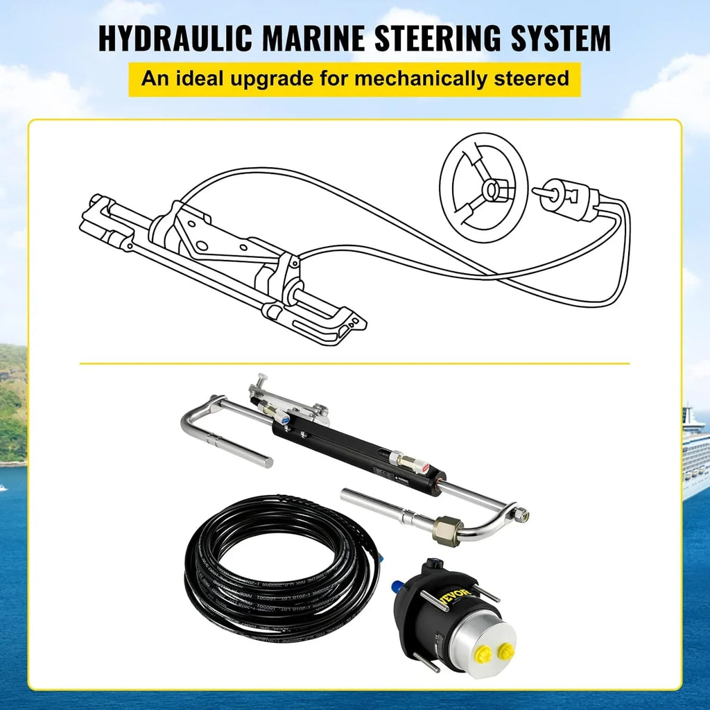 Hydraulic Outboard Steering System Kit, 90 HP, 20ft Hose, Black Aluminum
