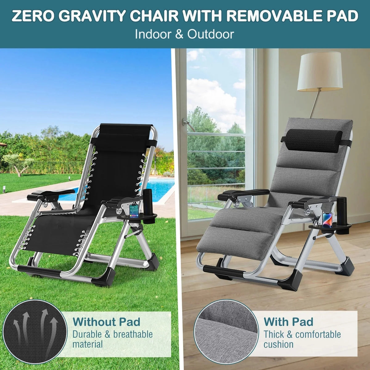 NAIZEA Zero Gravity Chair With Removable Cushion, Cup Holder, and Black Color