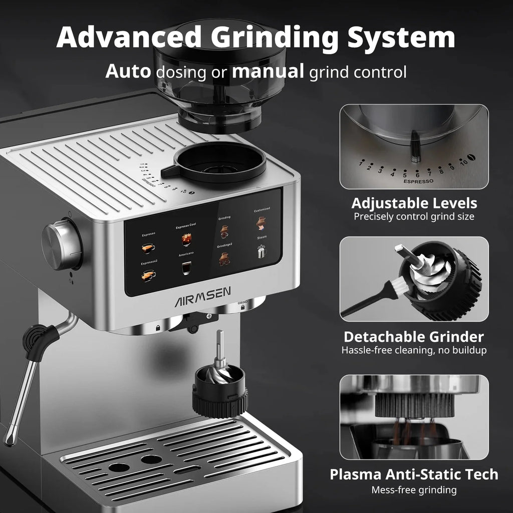 AIRMSEN Espresso Machine With Grinder, 20-Bar, 1350W, 63oz, Brushed Stainless Steel