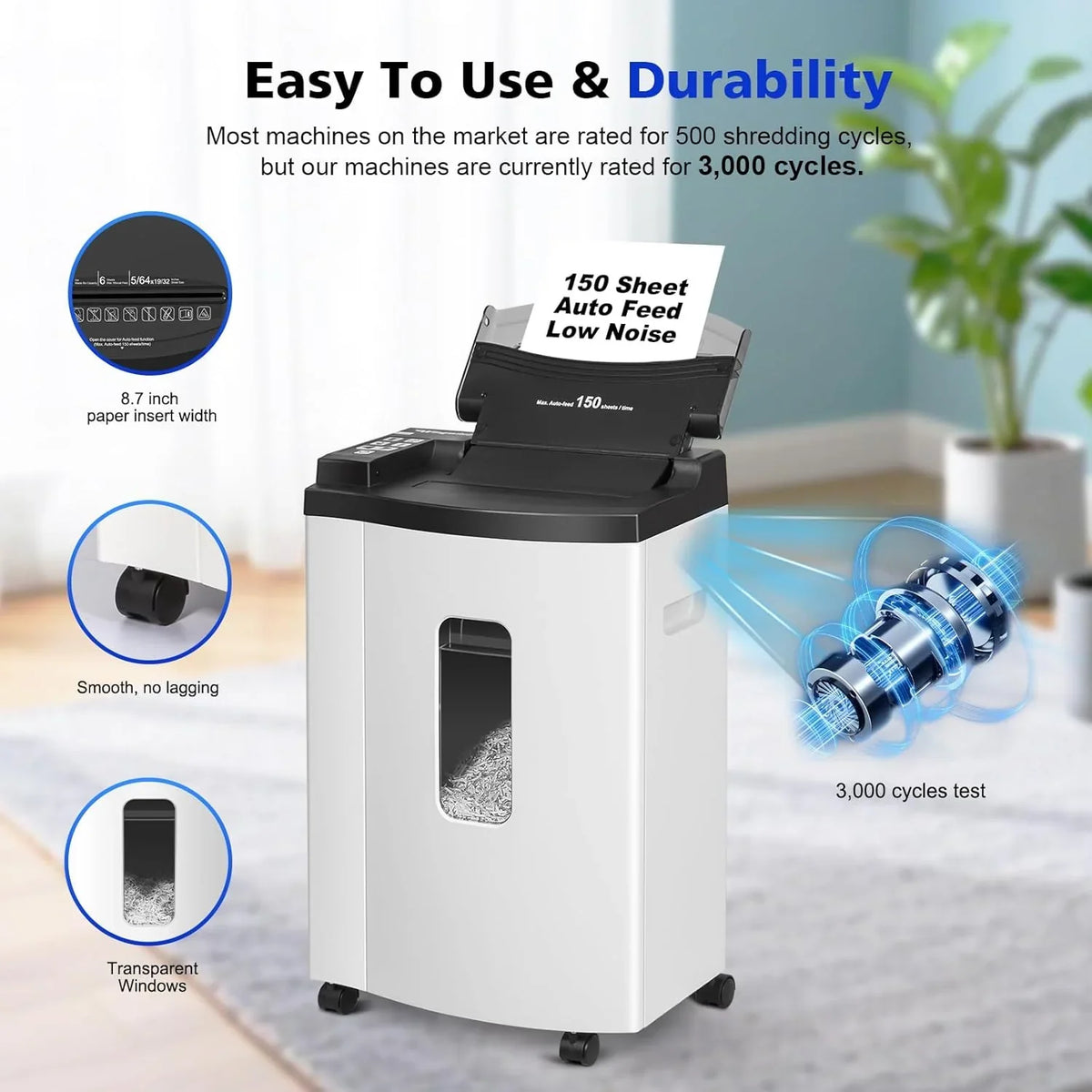 150 Sheet Auto-Feed Micro Cut Paper Shredder, P-5, 6.1 Gallons, White