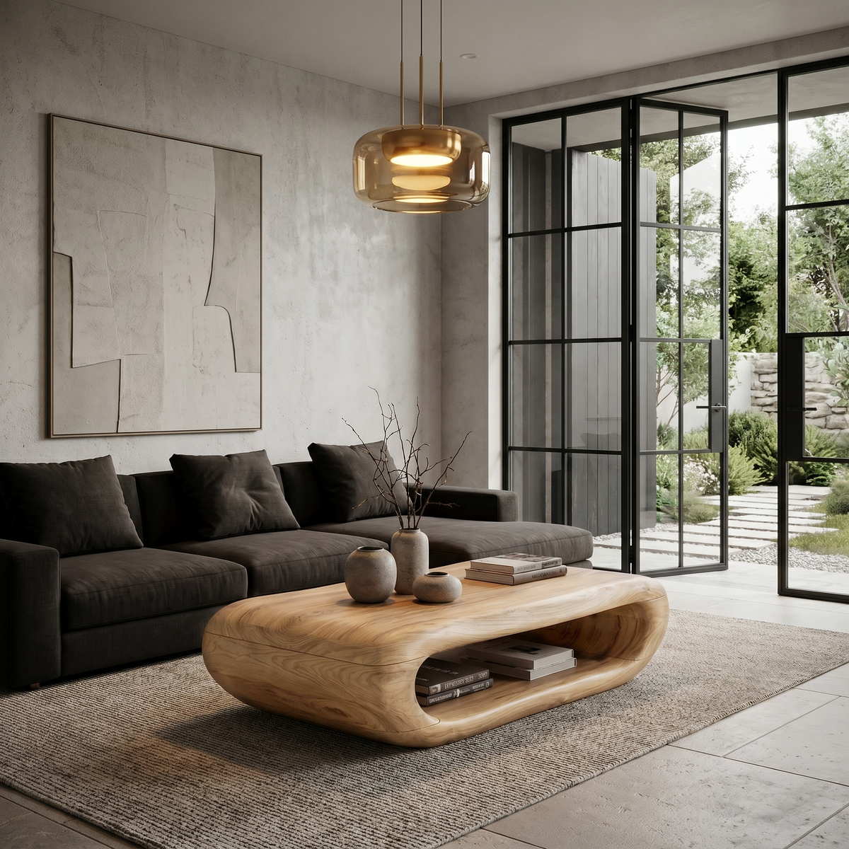Organic Coffee Table with Open Storage, Solid Wood Living Room Table