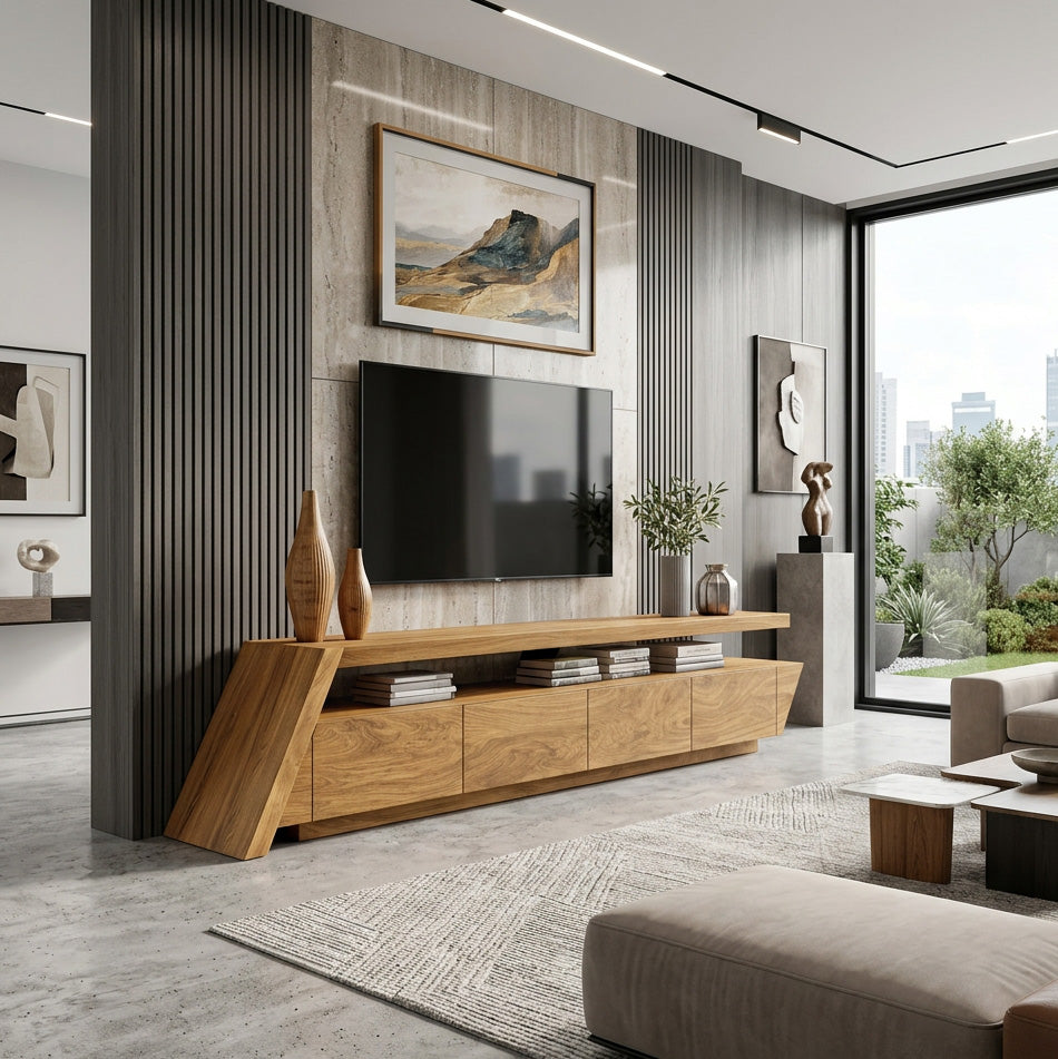 TV Stand, Modern Geometric Mid Century Solid Wood Media Console