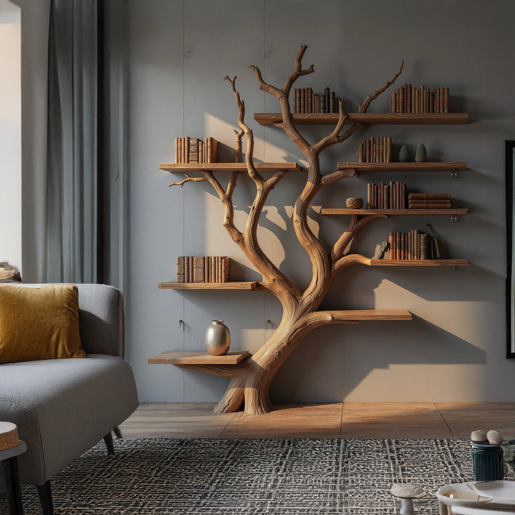 Tree Branch Bookshelf, Wall Mounted Floating Shelf with Real Branches