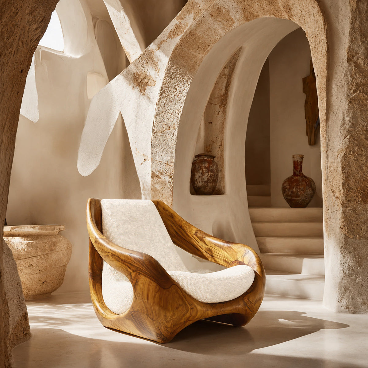 Sculptural Accent Chair, Solid Wood Lounge Armchair for Living Room