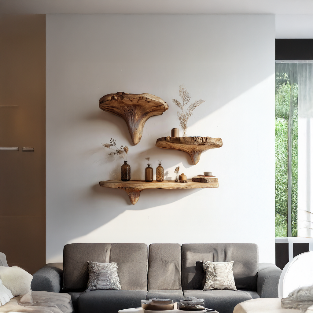 Mushroom Floating Shelf, Rustic Live Edge Wood Shelf for Living Room