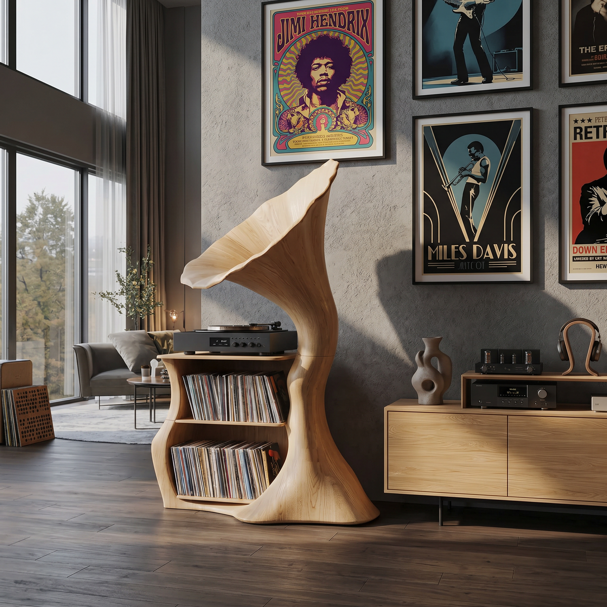 Tall Record Player Stand, Hardwood Cube Vinyl Storage for Living Room