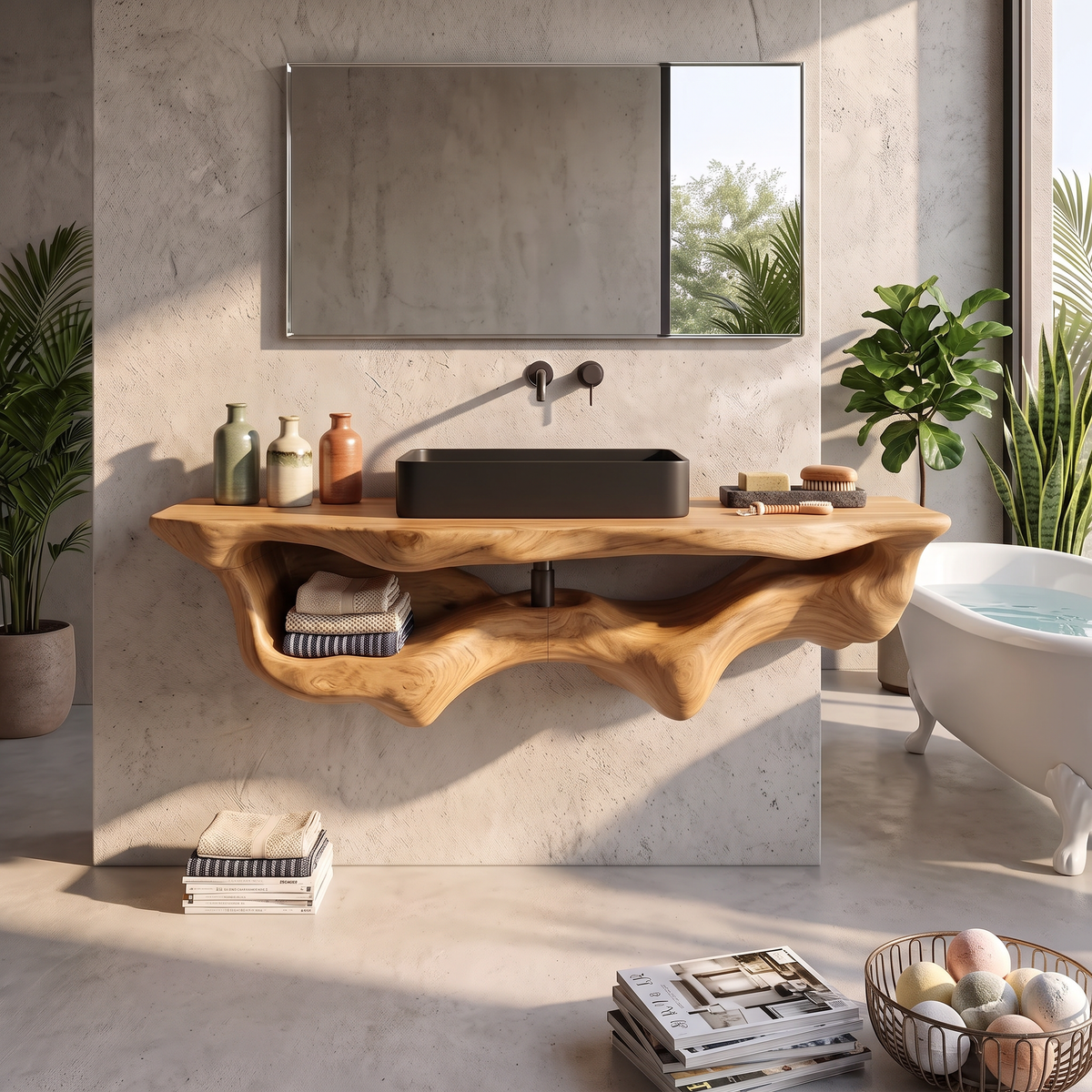 Live Edge Floating Vanity Shelf, Mid Century Wood Bathroom Counter