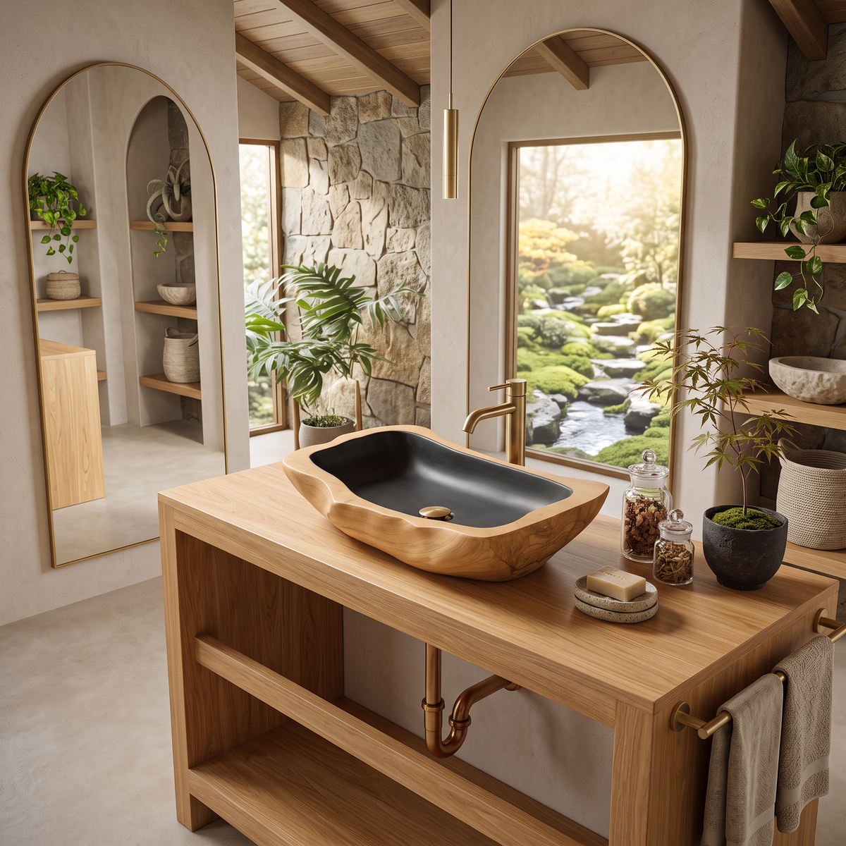 Wooden Vessel Sink, Farmhouse Rustic Hand-Carved Bathroom Basin