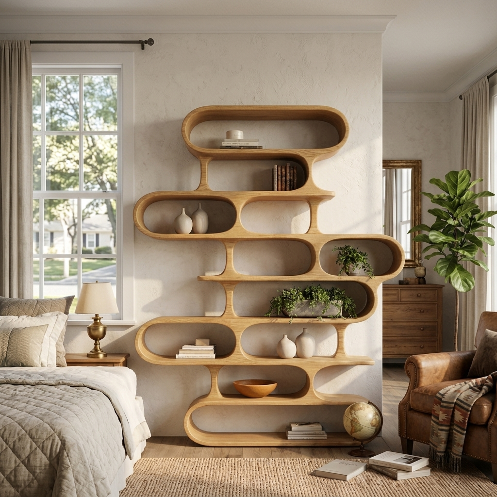 Sculptural Wood Bookshelf, Curved Organic Bookcase for Living Room
