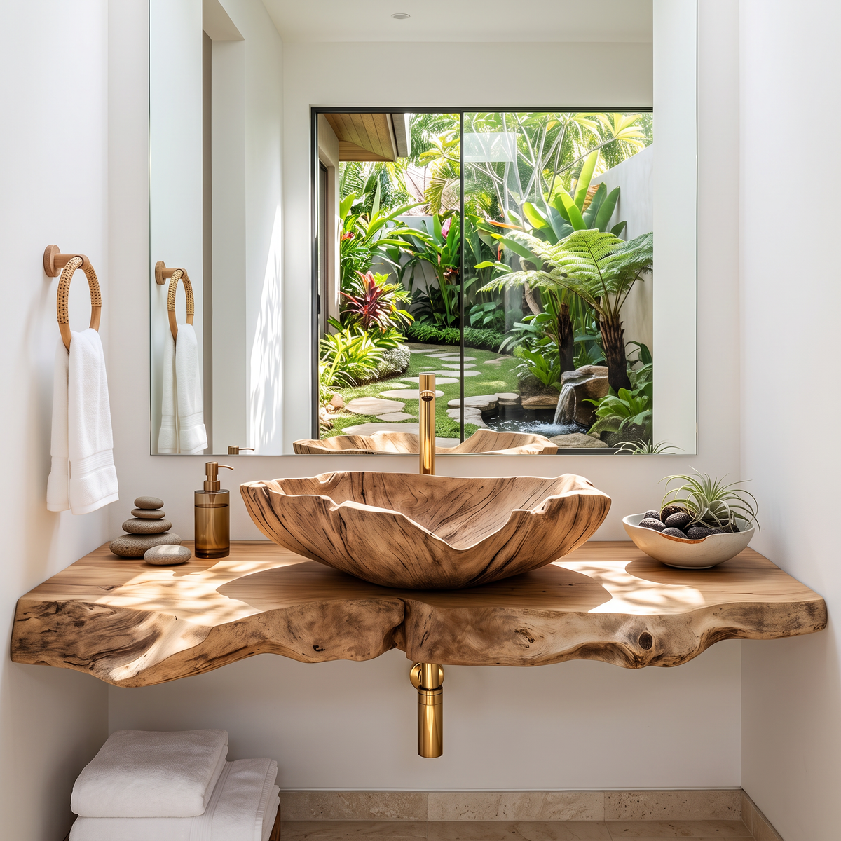 Wooden Vessel Sink, Farmhouse Hand Carved Solid Wood Bathroom Basin