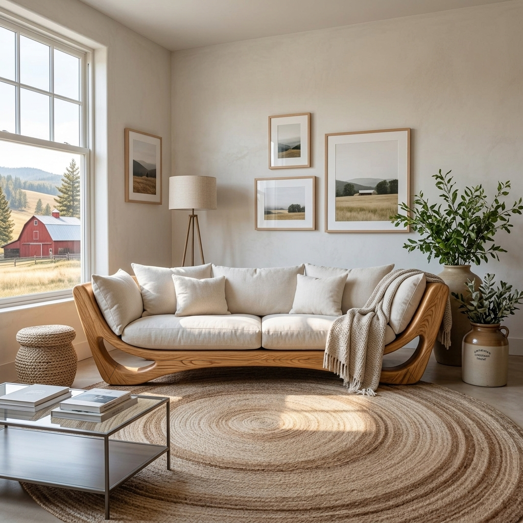 Wood Frame Sofa, Modern Sculptural Solid Wood Couch with Cushions