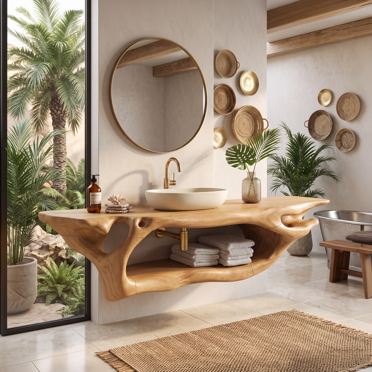 Rustic Bathroom Vanity, Live Edge Solid Wood Floating Sink Shelf