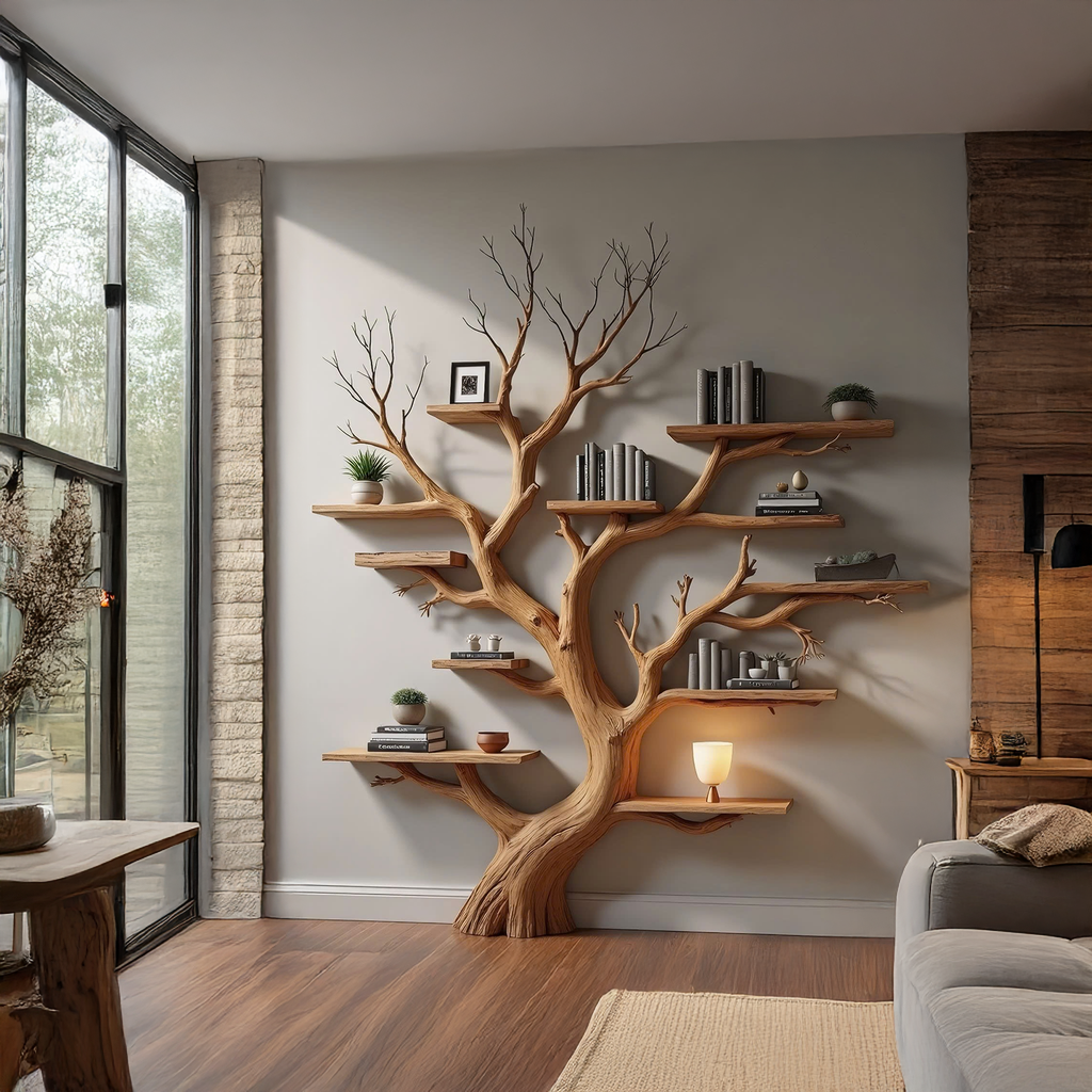 Tree Bookshelf, Wall Mounted Wood Branch Shelf for Living Rooms