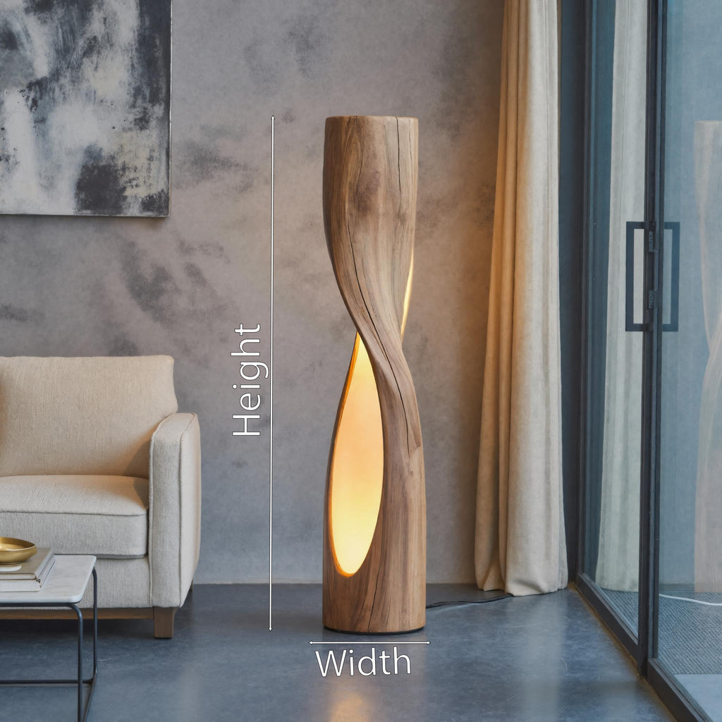 Twisted Floor Lamp, Sculptural Carved Wood Standing Lamp for Bedroom