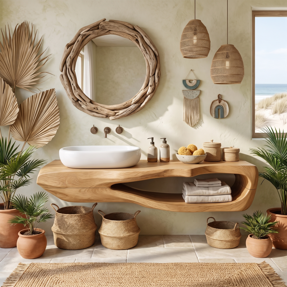Rustic Wall Mounted Bathroom Shelf, Solid Wood Industrial Sink Shelf
