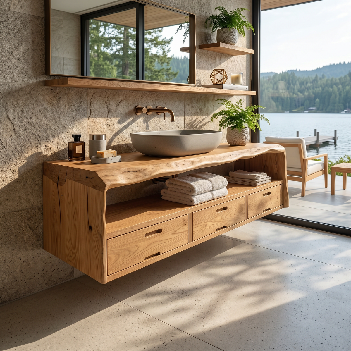 Farmhouse Floating Bathroom Vanity, Solid Natural Wood Wall Mount