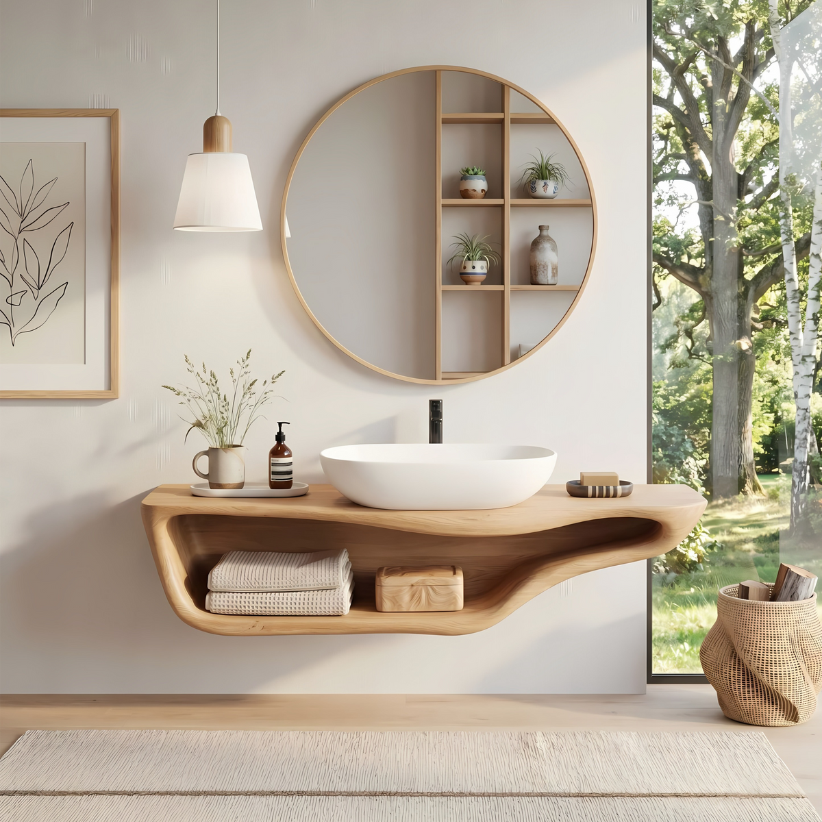 Live Edge Bathroom Vanity, Handcrafted Floating Solid Wood Sink Shelf