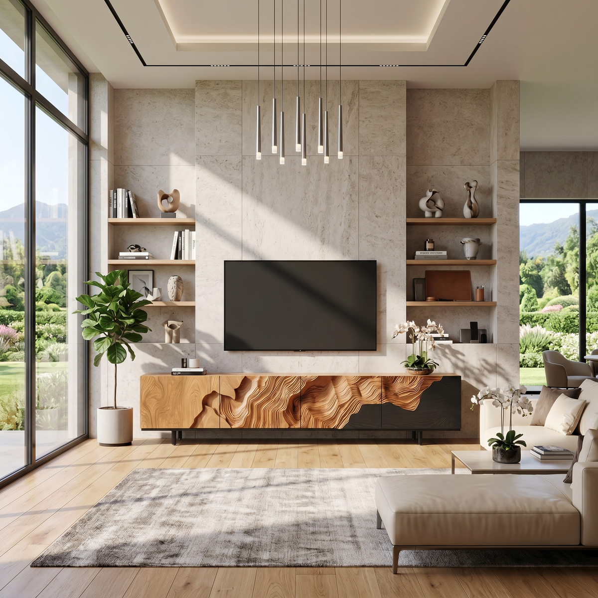 Rustic TV Stand, Solid Wood Media Console with Open Shelving