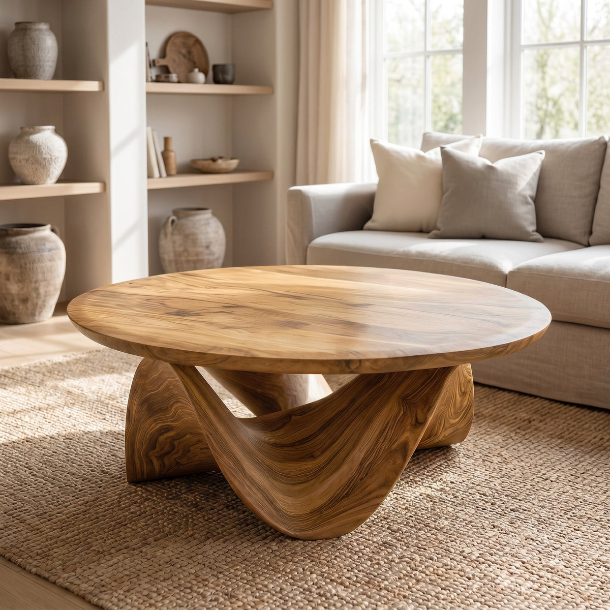 Round Coffee Table, Sculptural Solid Wood Low Table for Living Room