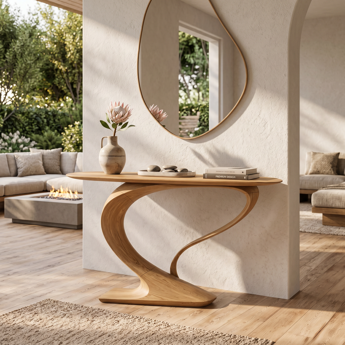 Curved Console Table, Contemporary Sculptural Solid Wood Design