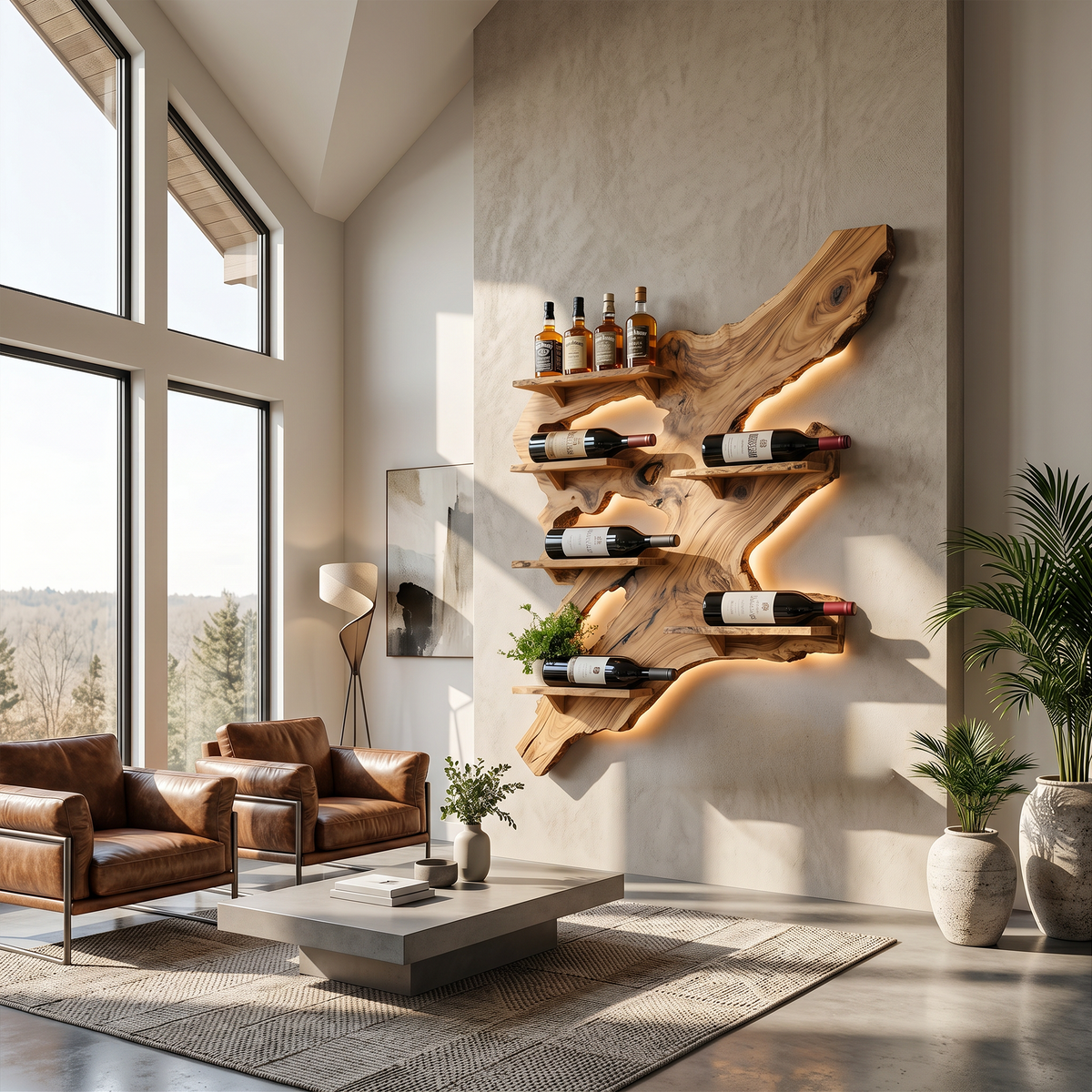Rustic Wine Rack, Monkey Pod Wood Wall Display for Home Bar