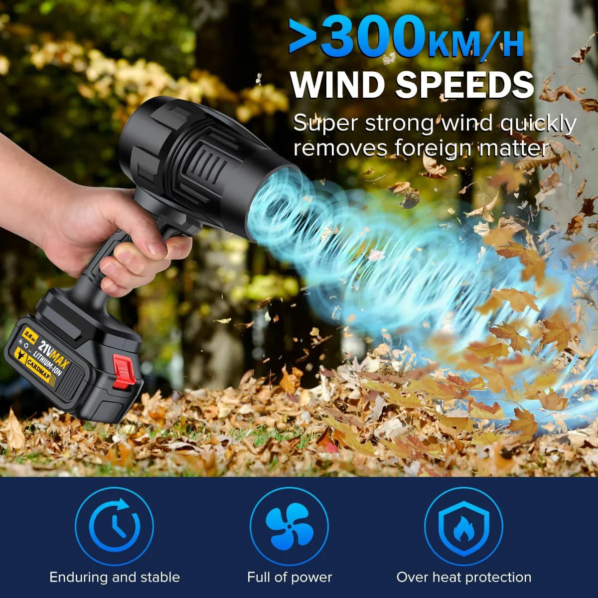 Cardmap Cordless Handheld Leaf Blower, Black, 2 x 2.6Ah Batteries And Charger