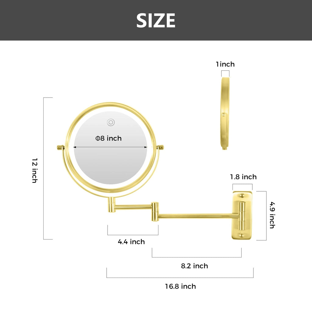 8 Inch Round Wall-Mounted Makeup Mirror, Rechargeable, 1X/10X Magnification, 3-Color LED Lights