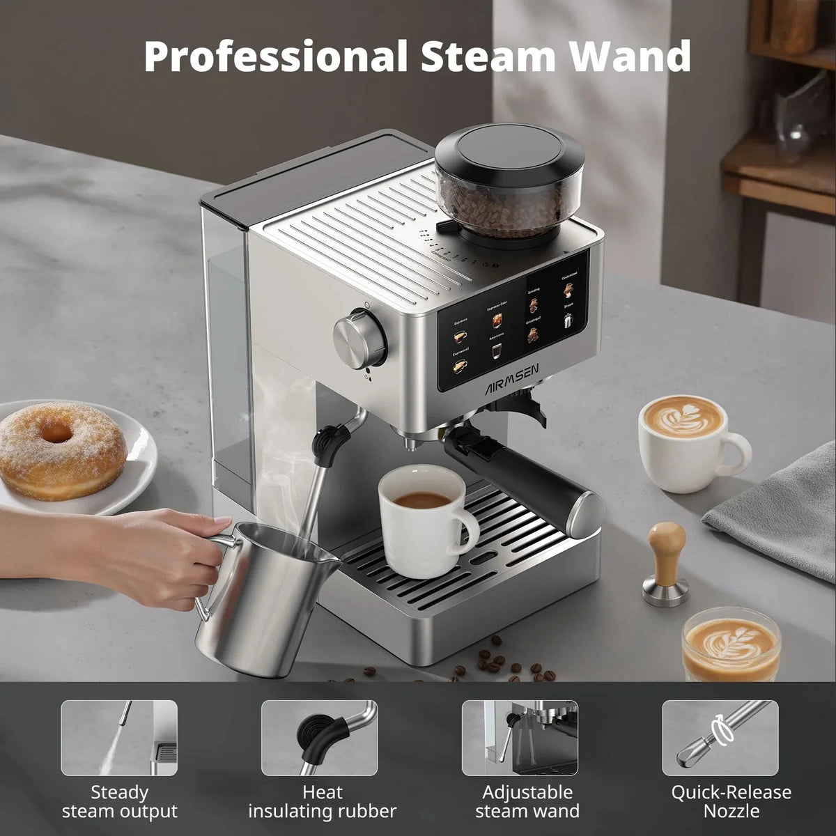 AIRMSEN Espresso Machine With Grinder, 20-Bar, 1350W, 63oz, Brushed Stainless Steel