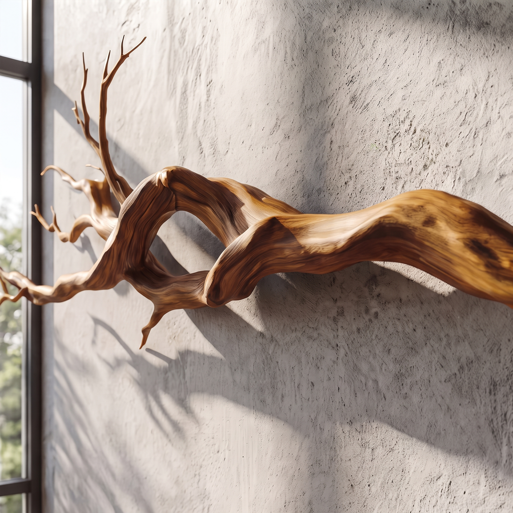 Carved Vine Wood Wall Sculpture, Modern Solid Wood Statement Wall Art