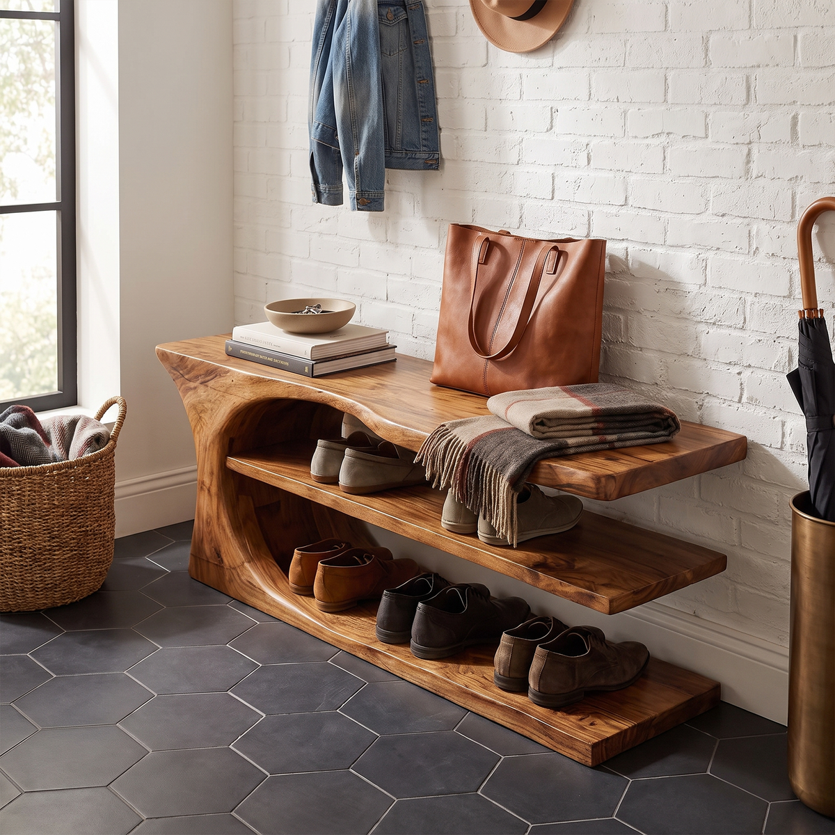 Shoe Storage Bench, Mid Century Handcrafted Solid Wood Entryway Seat
