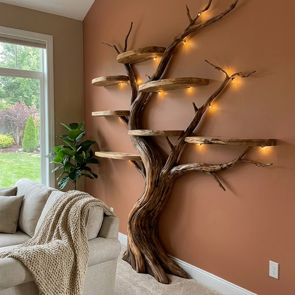 Organic Tree Bookshelf Sculptural Branch Wall Display for Living Room