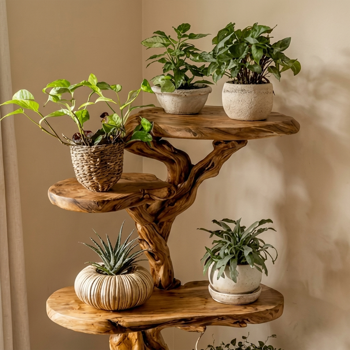Rustic Tree Plant Shelf Solid Wood Branch Stand for Indoor Plants