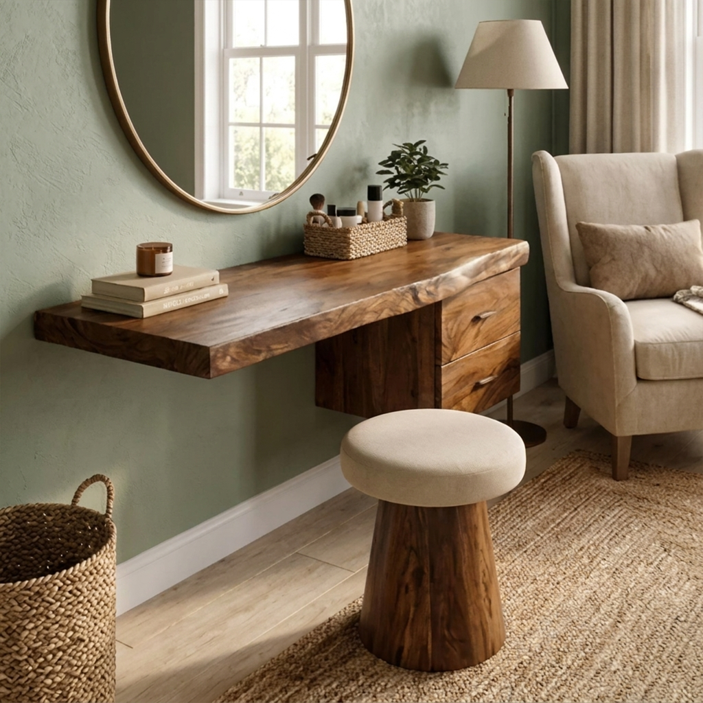 Floating Dressing Table with Drawer, Modern Organic Solid Wood Vanity
