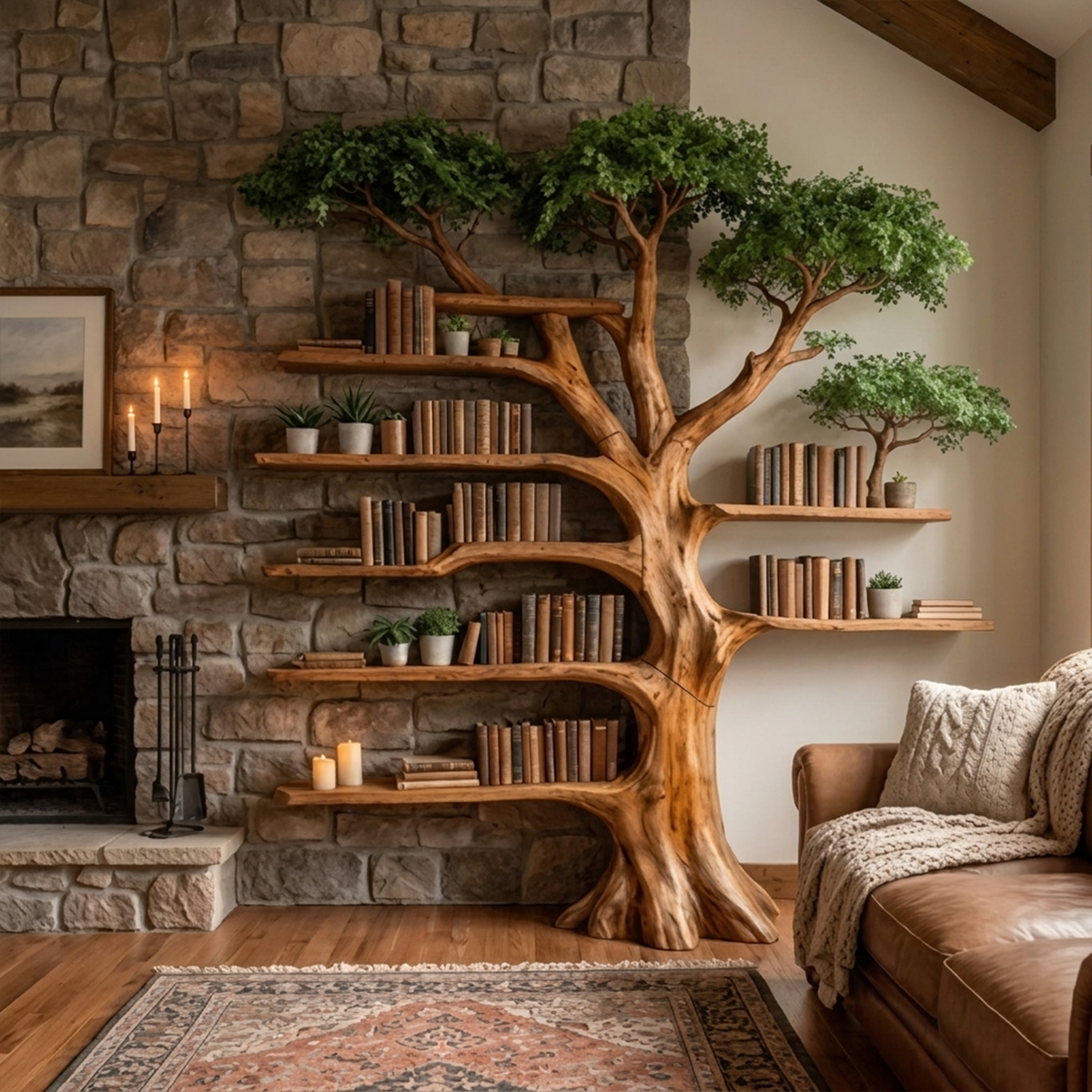 Tree Bookcase with Built-In Reading Bench, Nature Inspired Display