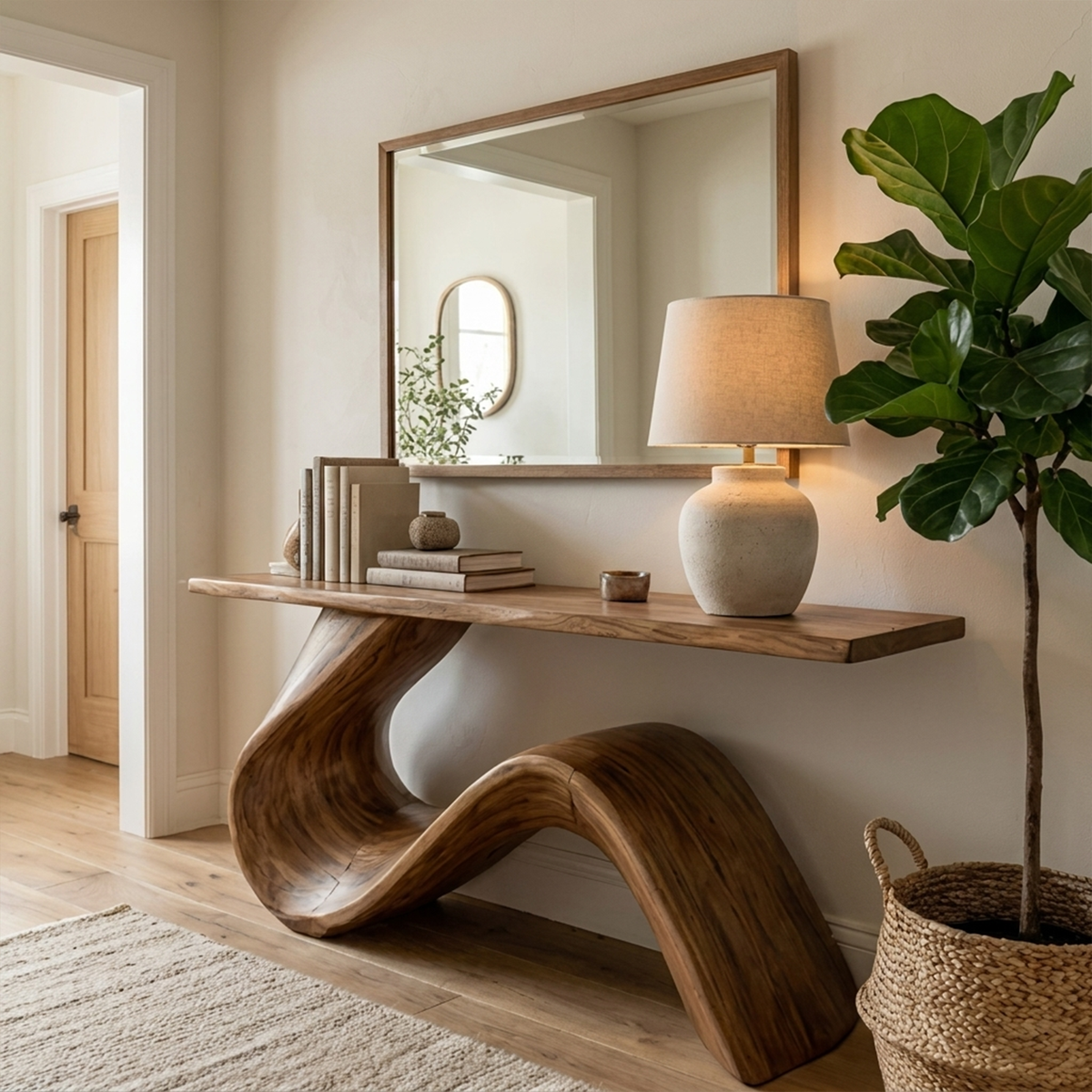 Console Table, Flowing Sculpted Solid Wood Entryway and Hallway Table