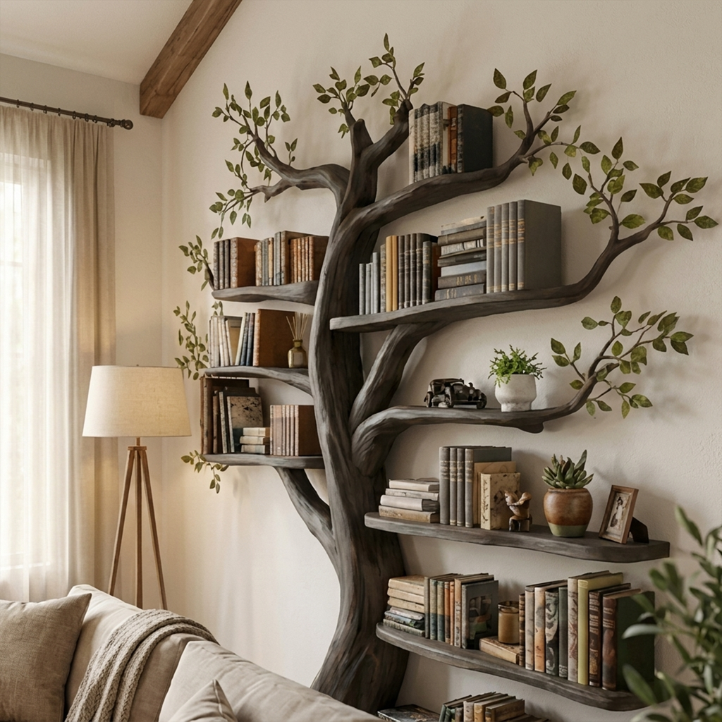 Organic Tree Bookshelf, Sculptural Wall Display for the Living Room