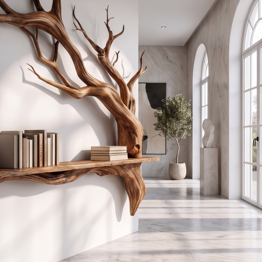 Tree Branch Wall Shelf, Rustic Solid Wood Floating Shelf with Branch