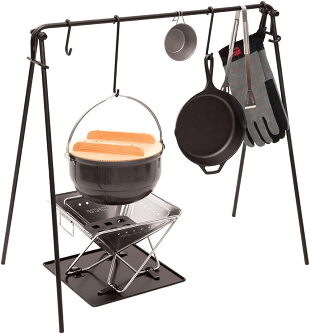 Campfire Cooking Grill Stand With Hooks And Accessories Bag, Black, 90x57x87cm