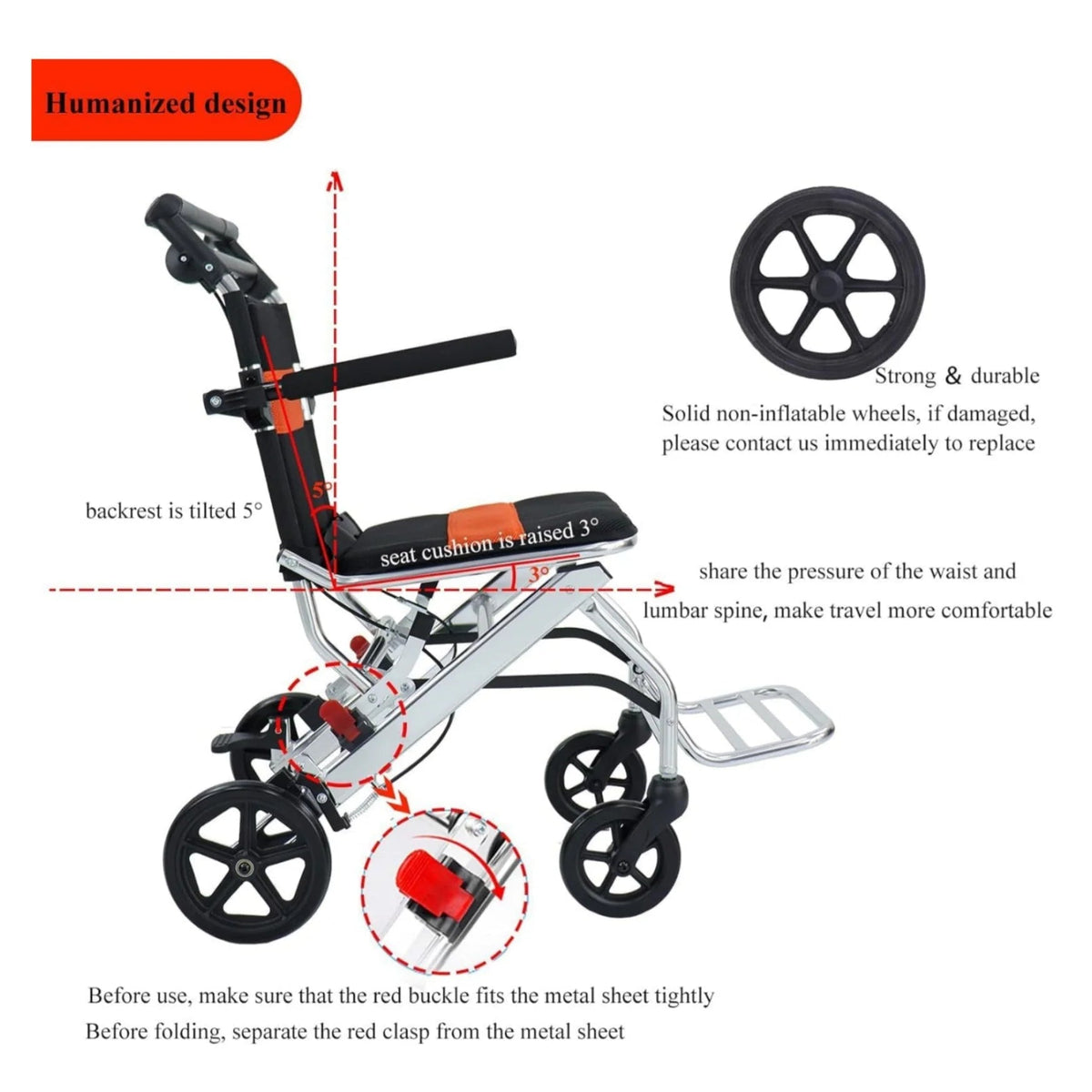 Ultra-Light Portable Folding Transport Wheelchair With Handbrake, 16.5 lbs, 220 lbs Capacity, 34.2 x 32.6 Unfolded Dimensions