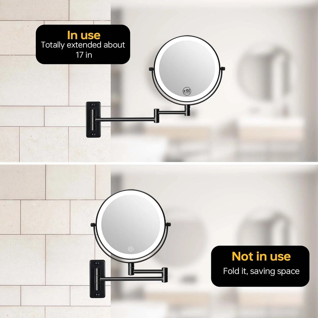 8 Inch Round Wall-Mounted Makeup Mirror, Rechargeable, 1X/10X Magnification, 3-Color LED Lights