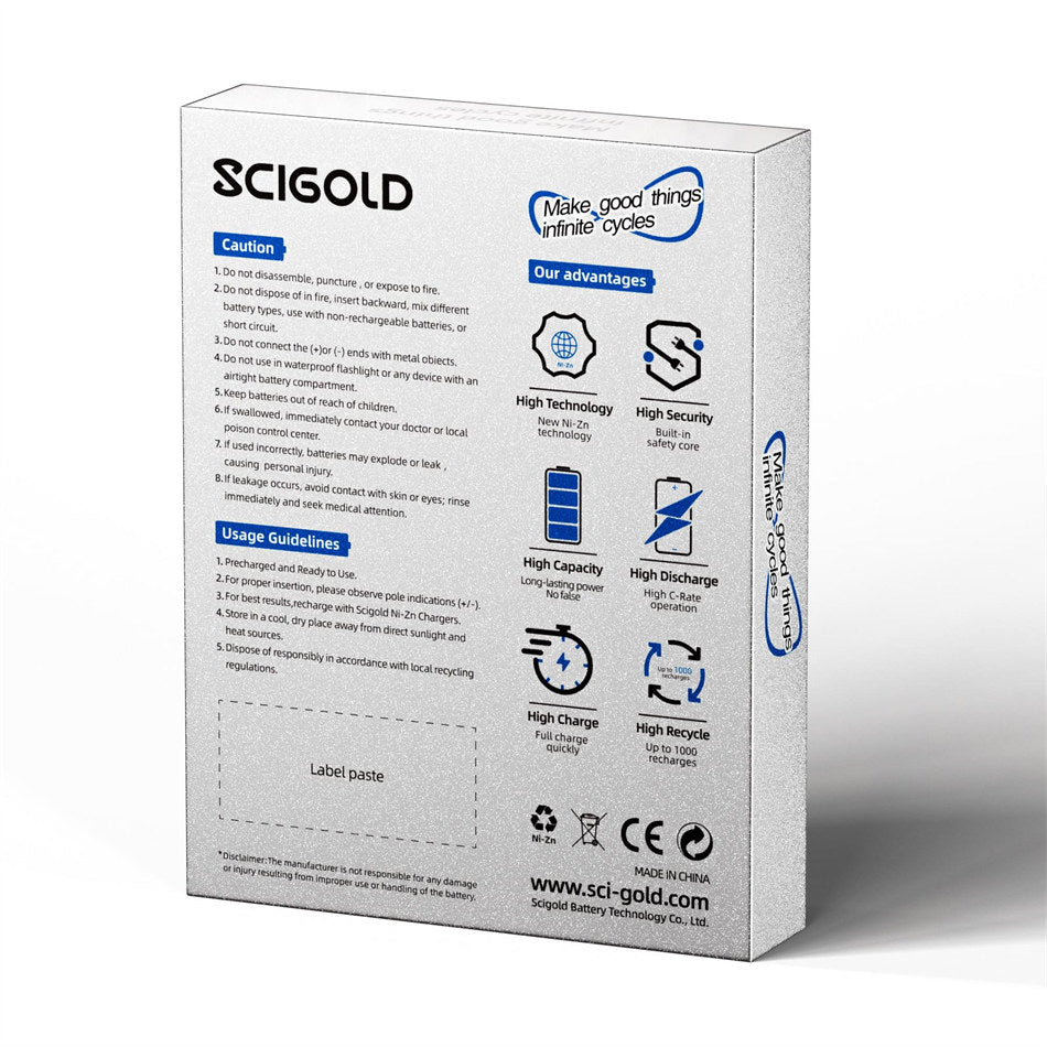 Scigold Ni-Zn AA Rechargeable Batteries 1.6V 2500mWh, 4-Pack