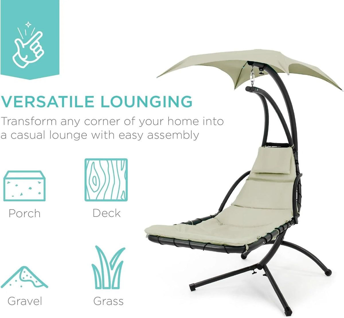 Best Choice Products Outdoor Hanging Steel Chaise Lounge Chair With Canopy, Charcoal Gray - SKY5871
